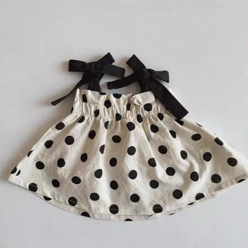

2025 Summer New Baby Girls Sleeveless Lace Up Tops Cute Bow Dot Print Sweet Princess Sling For Infant Toddler Cotton Clothes