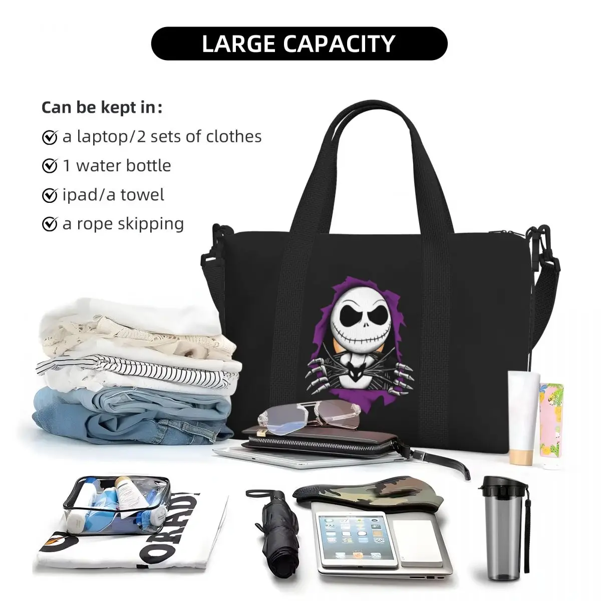 مخصص جاك Skellington البقالة التسوق حمل الحقائب النساء سعة كبيرة جاك الوجه رياضة حقائب السفر الشاطئ