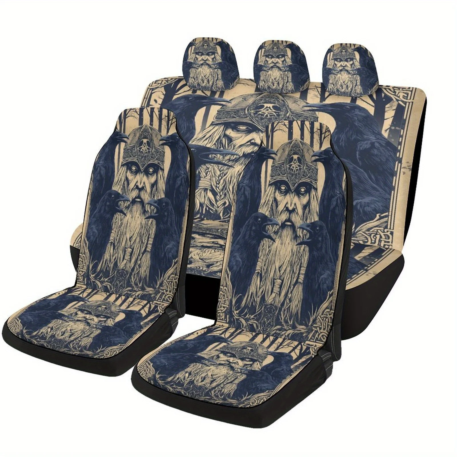Odin With Ravens Designed Car Seat Cover Set For Most Cars, High-quality Comfortable Car Seat Protector Covers Full Set, Univers