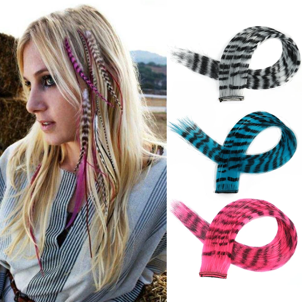 

Synthetic Hair Extension18" Long Straight Women High Temperature Clip In Hair Extension Hairpiece Feather Wig Blue Rose Colorful