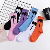 Street Fashion Happy Funny Coconut Palm Tree Cotton Rich Socks Cotton Adult Middle Calf Crew Socks Sandy Beach Colorful Leaf Men