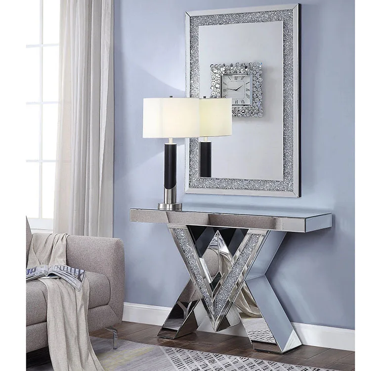 

New hot-selling double V silver simple modern glass rhinestone entrance table control table entrance table