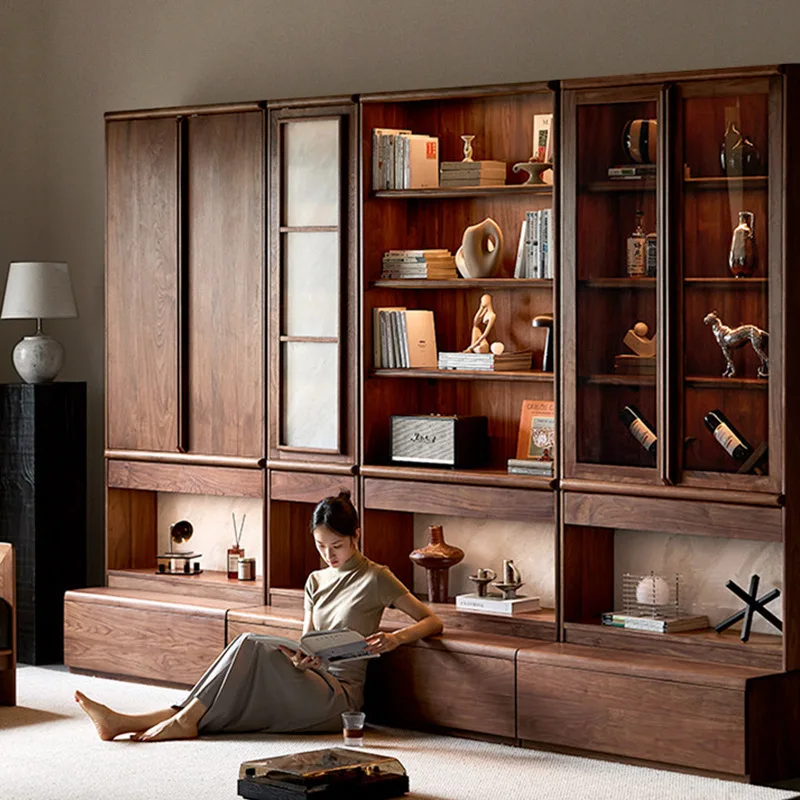 Furniture Wooden Card Seat Bookcase Integrated Whole Wall Full Wall Solid Wood Living Room Bookshelf Display Cabinet