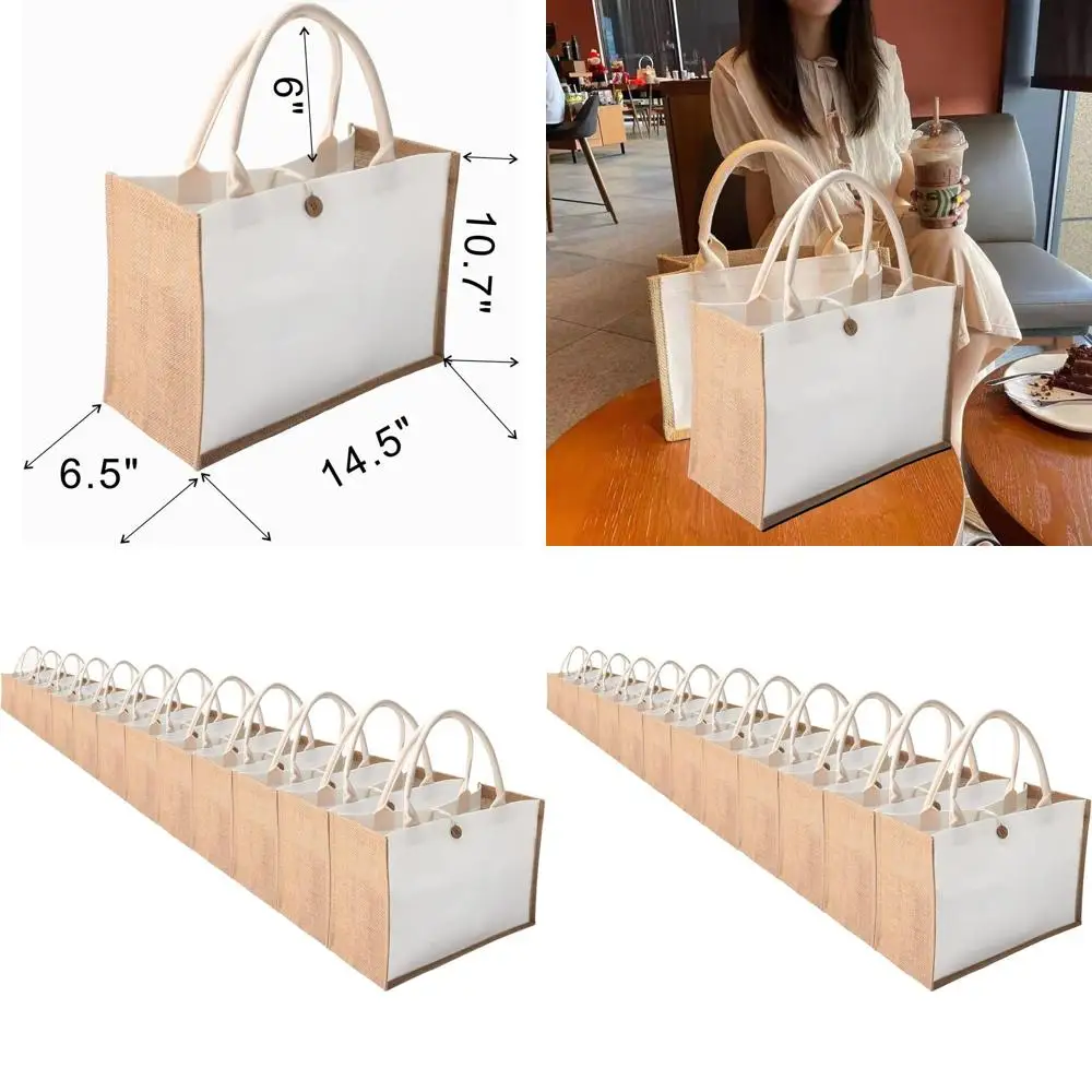 

Set of 12 Jute Beach Tote Bags with Button Handle for Wedding, Shopping, Travel, and DIY Crafts (14.5x10.7x6.5)