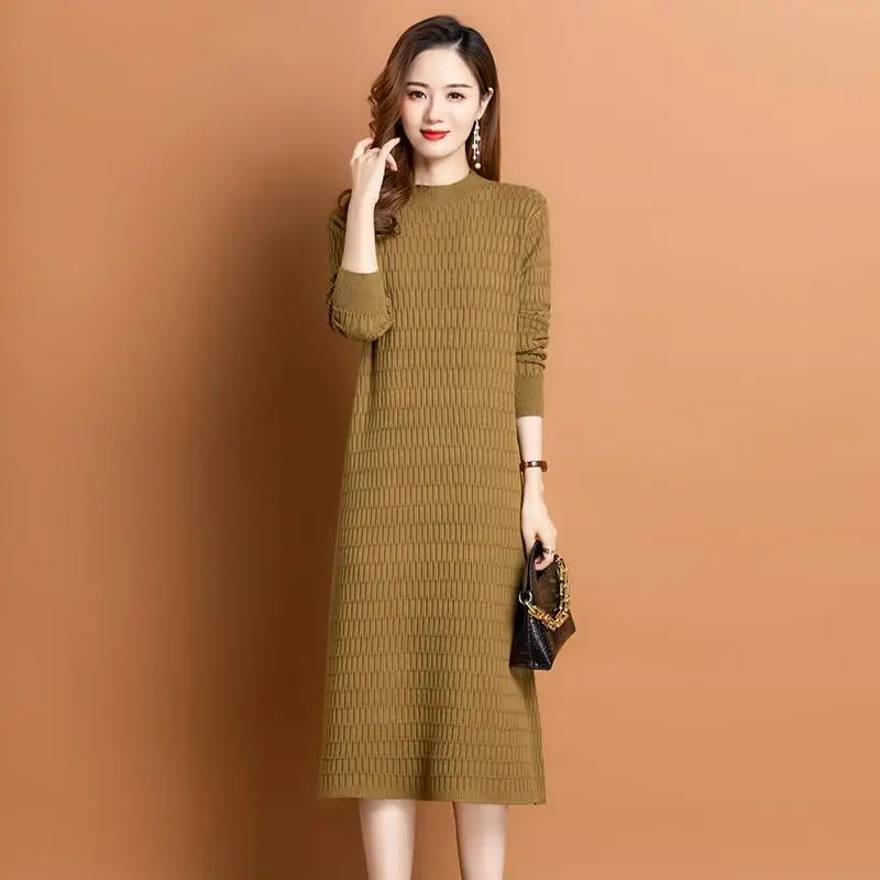 New Fashion Knitwears Sweater For Women\'s Loose Autumn Winter Bottom Dress Round Neck Knit Long Sleeve Pull Femme Dresses 4XL