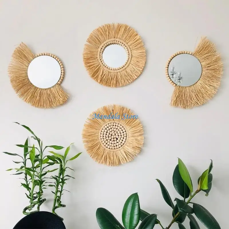 U2JC Moroccan Woven Straw Hanging Wall Mirror Boho Macrame Wooden Bead Tapestry Decor