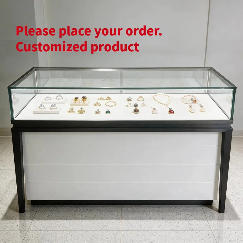 custom.Minimalist Jewelry Display Showcase Tempered Glass 360 View Counter White Slatted Base Black Frame LED Lockable B