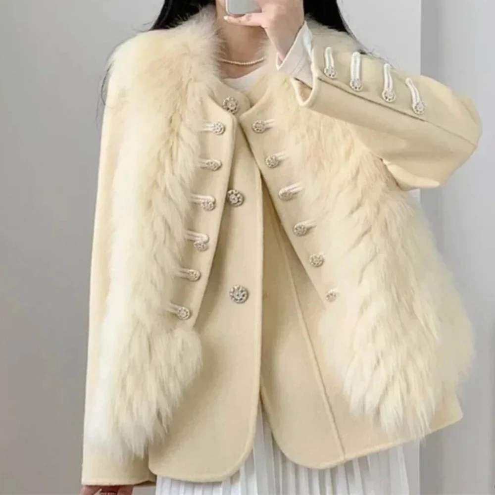 2026 New Toghter Wool Woolen Coat Women's Fashion Young Double-sided Cashmere Coat Double Sided Fox Fur Jacket Strip Sewed