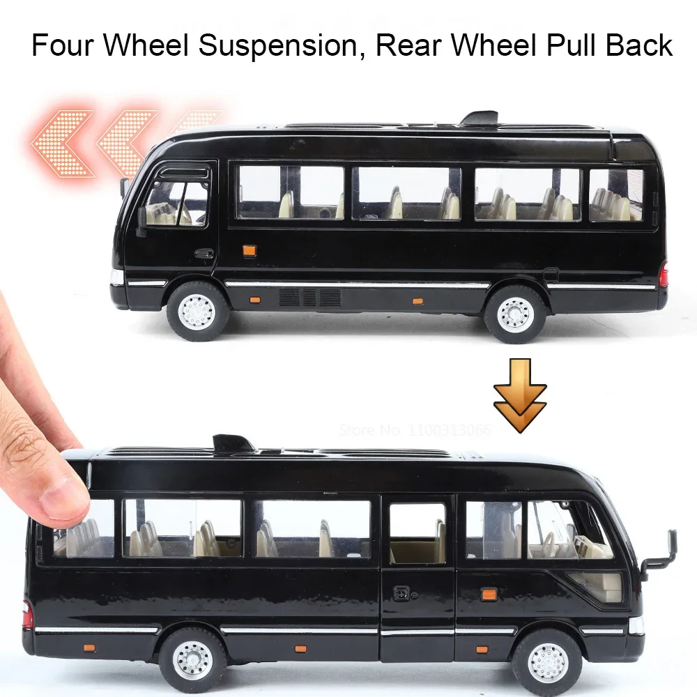 1:24 Alloy Toyota Coaster Modele Zabawki Samochody ze światłem Muzyka Pojazdy do wycofania Gumowe opony Miniaturowy samochód Kolekcja dla dzieci Prezenty