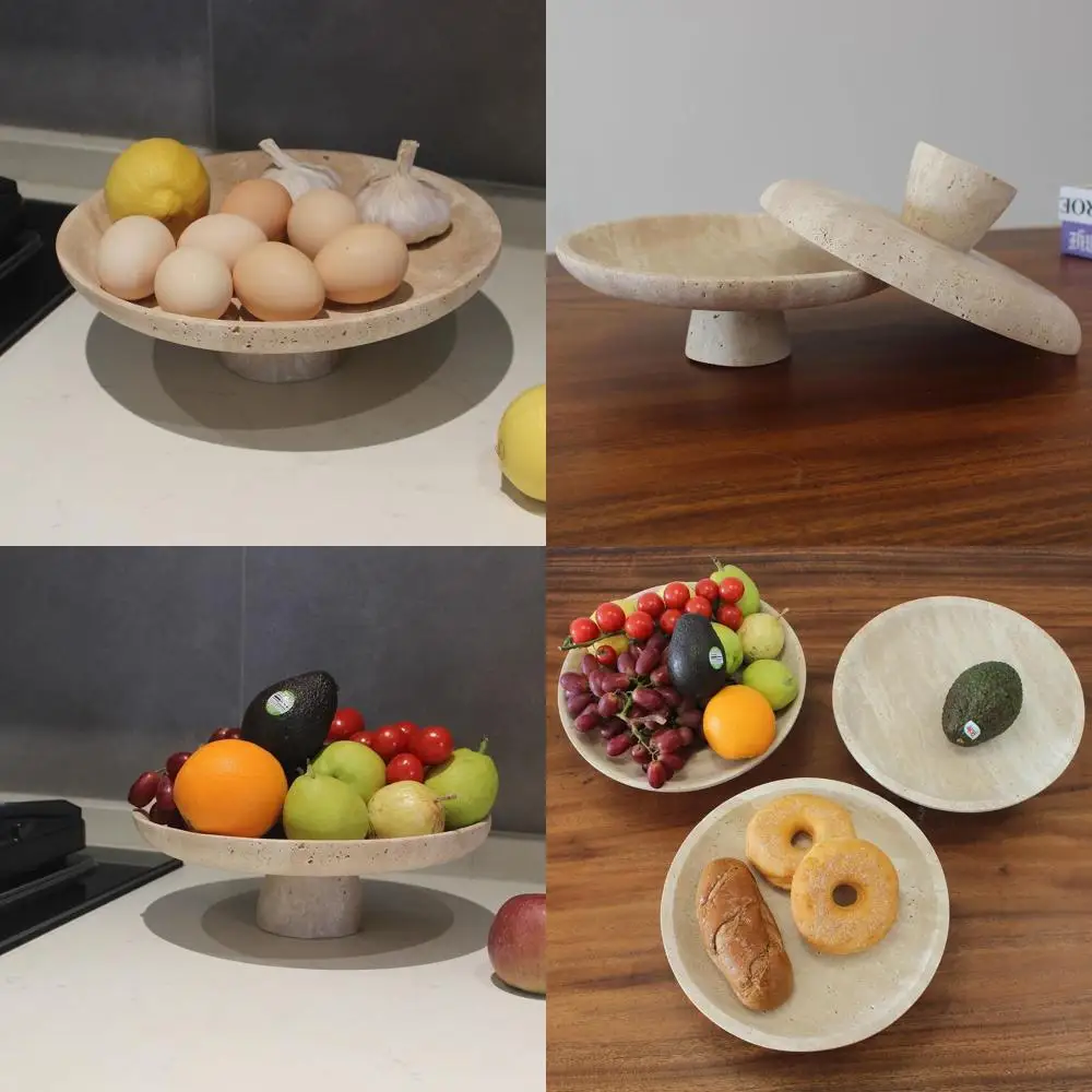 

10.2 Large Natural Travertine Fruit Bowl, Pedestal Style for Kitchen Counter, Elegant Home Decor & Dining Table Organizer