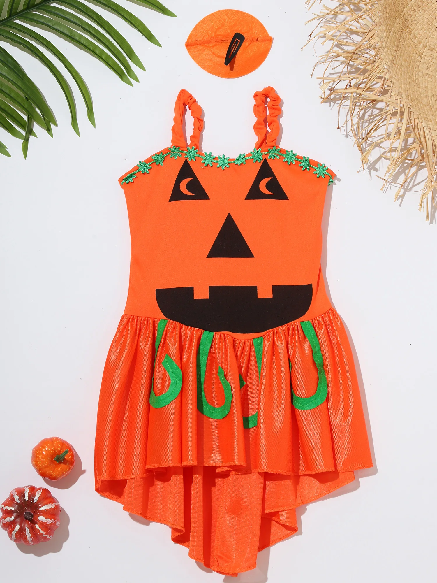 Vestido de Halloween para niñas, disfraz de bruja de calabaza, sin mangas, estampado de boceto, vestido de calabaza con horquilla, tocado