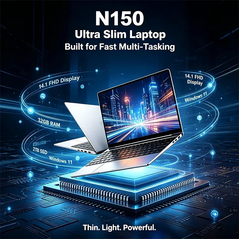 14.1 Inch HD Laptop 120Hz IPS Screen Intel N150 32GB RAM 2TB SSD Backlit Keyboard Stable Battery Performance for Gaming And Work