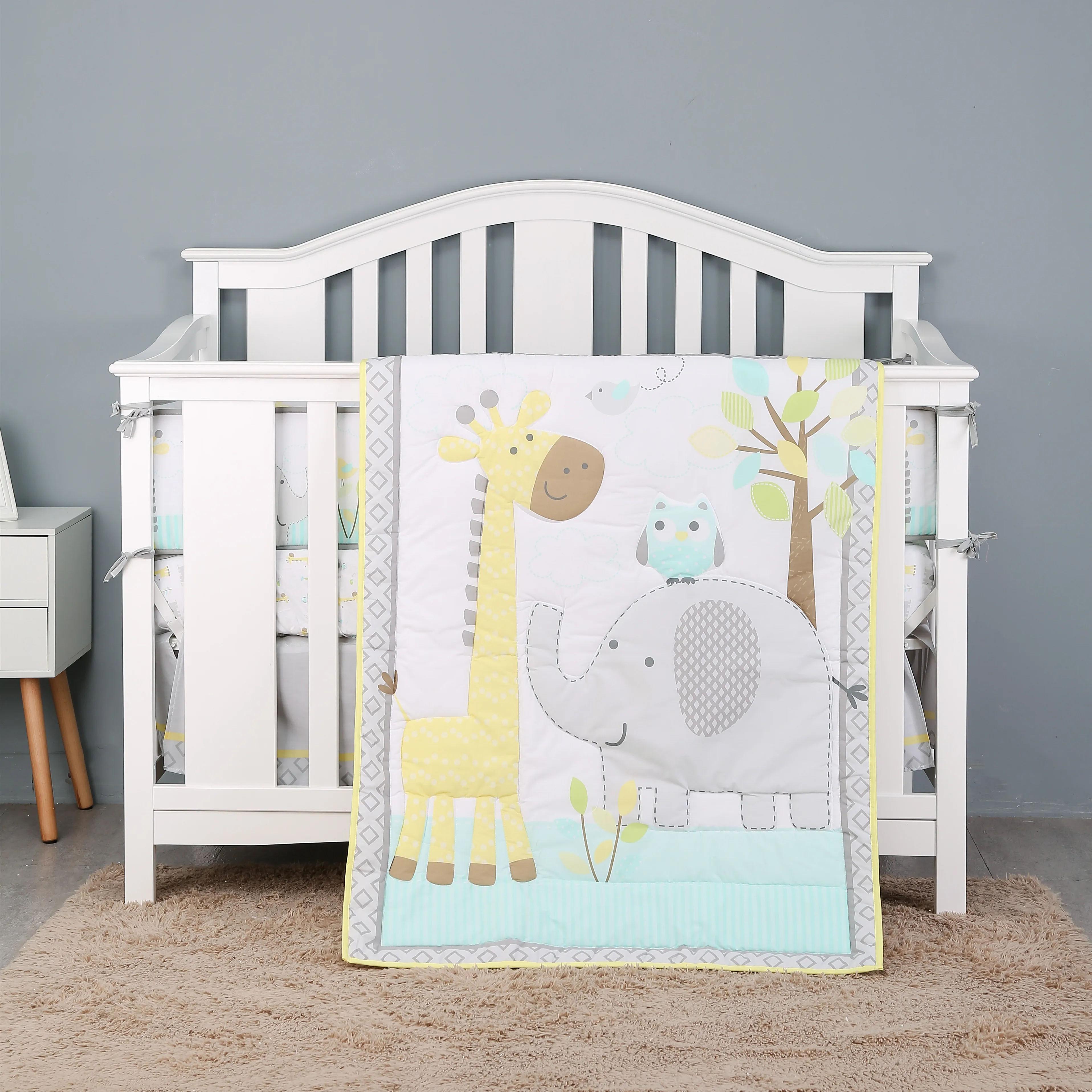 

free shipping 4PCS SET Baby cot bedding sets cotton grey animals crib set include comforter,crib sheet,crib skirt,crib bumper