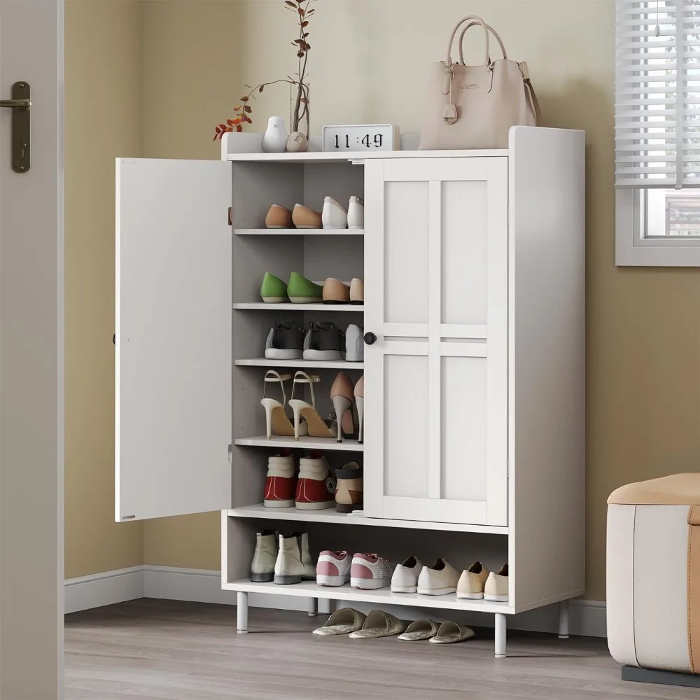 

Shoe storage cabinet with cross molding doors, 6-tier farmhouse shoe cabinet with 3 adjustable shelves and metal legs