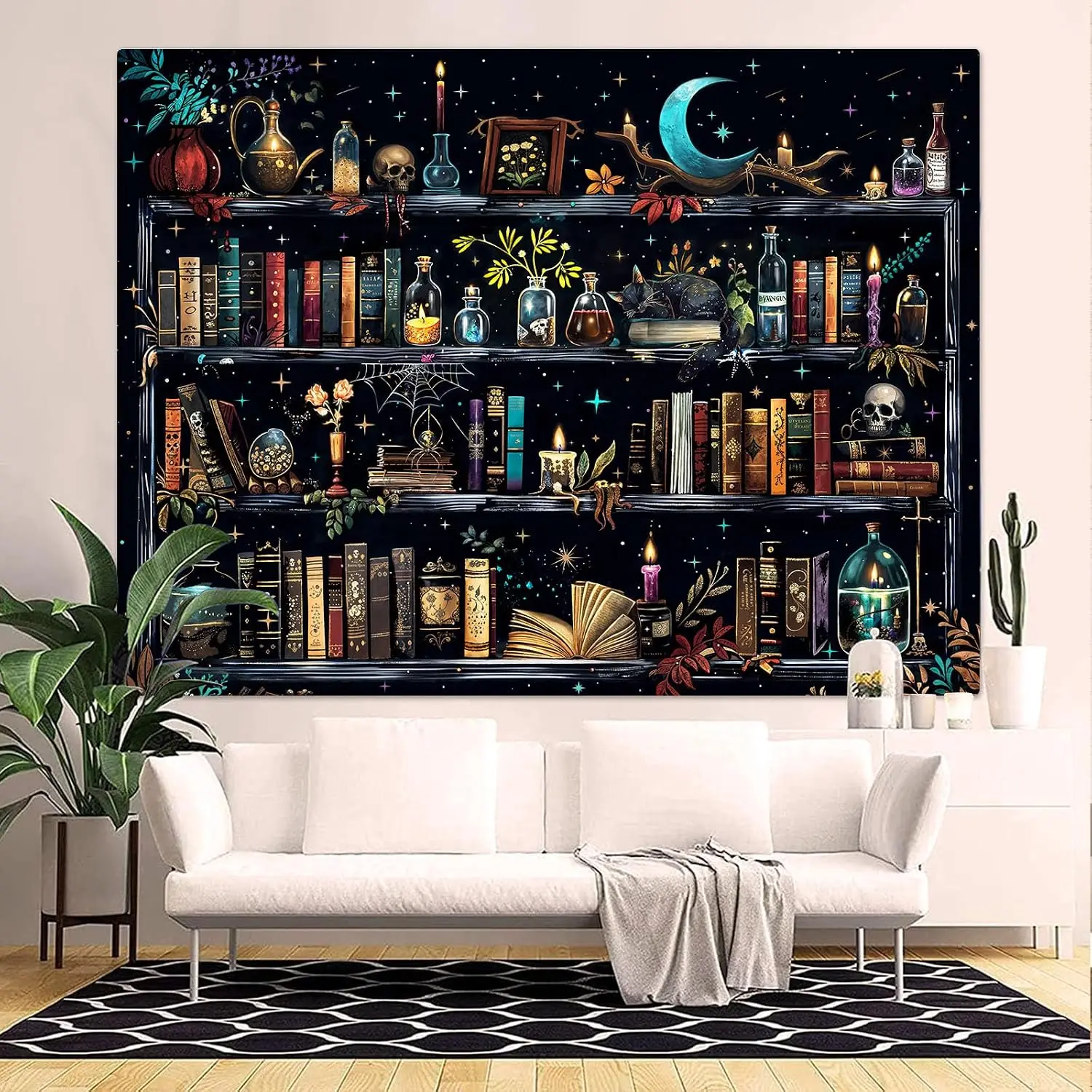 Wall Tapestry Large Large Tapestry Magic Bookshelf Witchy Potion Hippie Halloween Wall Hanging Gothic Skull Black Cat