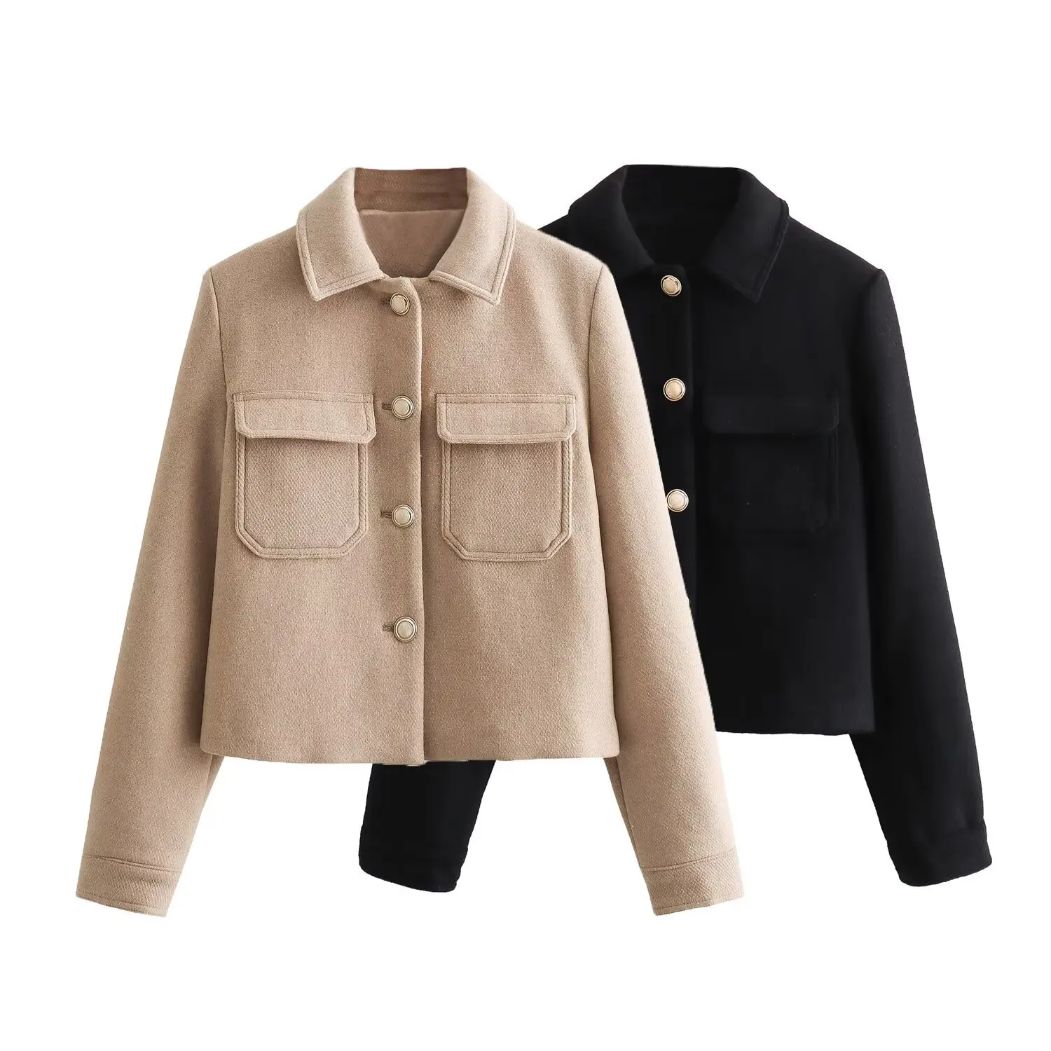 

Woman's Slim-fit Cropped Jacket Lapel Single-breasted Long Sleeve Solid Color Pocket Coat Commuting Autumn Female Chic Top