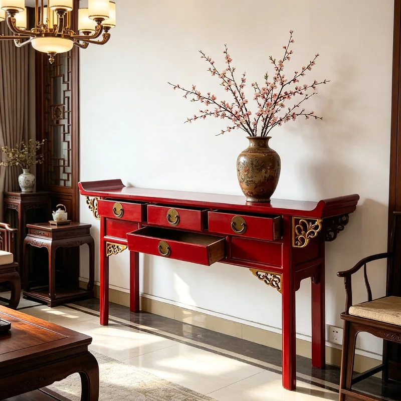 Chinese strip case red solid wood multi-drawer porch table living room decorative table French retro