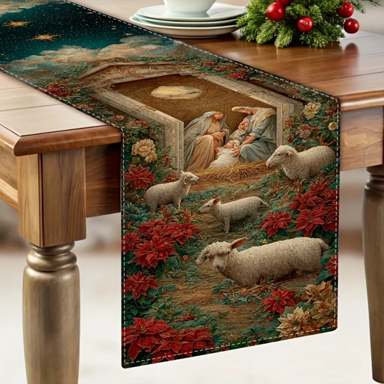 A religious theme Christmas Table Runner J the scene of Jesus' birth Design Holiday Decor for Dining Tables Rustic Home Decor
