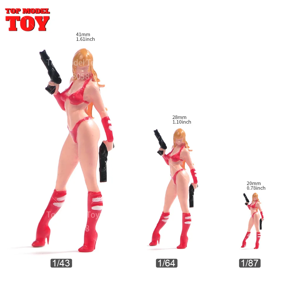 Painted Miniatures 1/64 1/43 1/87 Bikini Beauty Killer with Gun Female Scene Figure Doll Unpainted Model For Car Vehicles