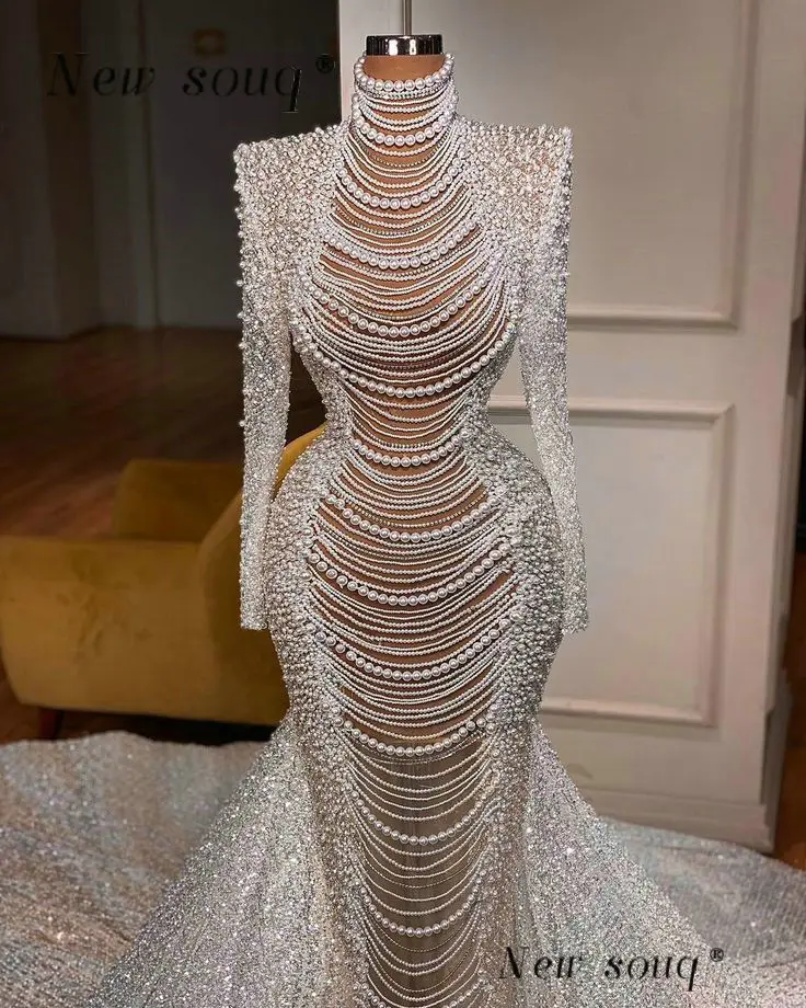 Dubai Luxurious Pearls Beading High Neckline Long Sleeves Wedding Dresses 2024 Sparkling Mermaid Events Pageant Party Gowns