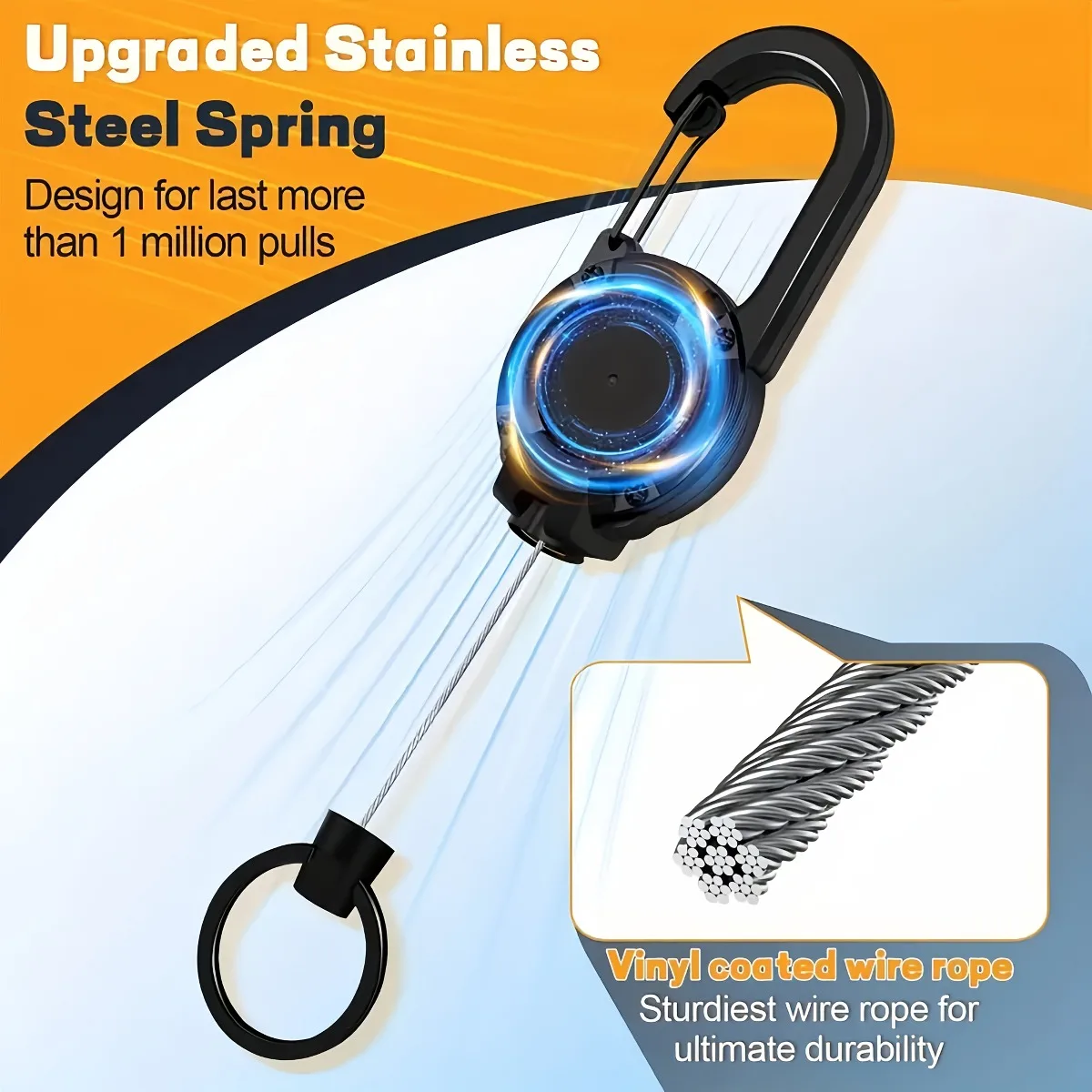 2Pcs Retractable Keychain with Steel Cable & Secure Clip-On Design Durable Black Outdoor Buckle for Camping Hiking Backpacking