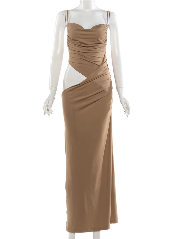 Cutenew Rückenfreies Sexy Kleid für Damen, Träger, unregelmäßig, tailliert, gerüscht, Pfirsich, Hüfte, elegant, Abschlussball, Party, Stretch, dünn, Maxi, figurbetont