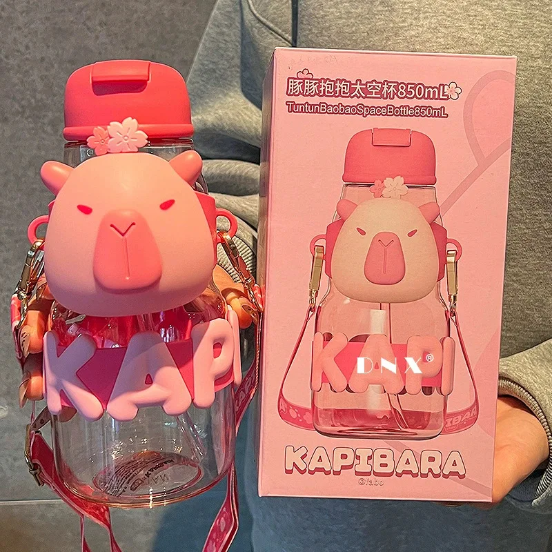 Capybara Cute Summer Kids Plastic Water Bottle for Student Girls Kapibara Plastic Cup Portable Strap Pink Cartoon Cup with Straw
