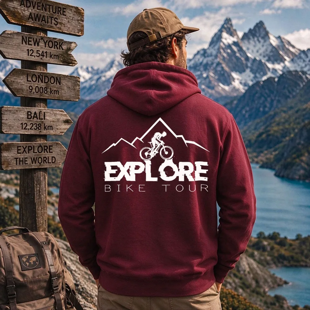 Explore Bike Tour Mountain Biker Silhouette Graphic Hoodie Unisex MTB Cycling Pullover Outdoor Adventure Bike Rider Casual Tops