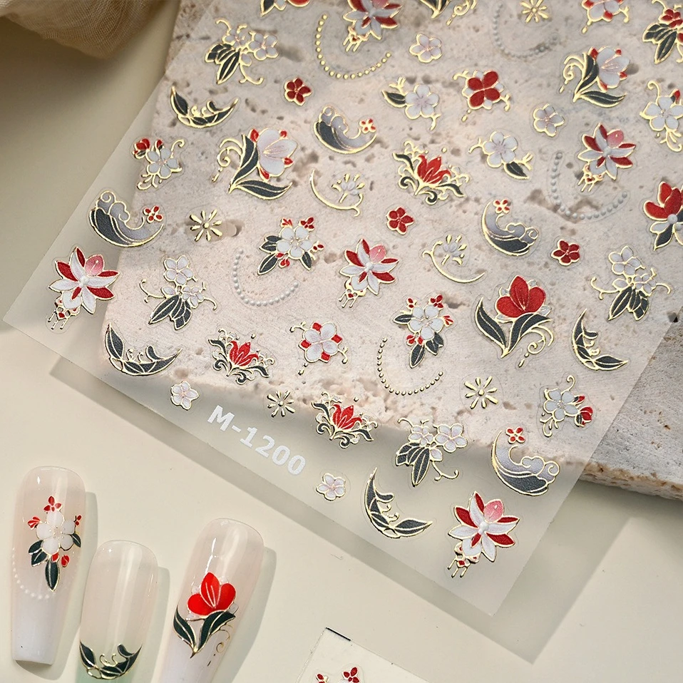 Autocollants de manucure pour Nail Art, fleur rouge et blanche délicate, estampage à chaud romantique, nuages de bon augure, pivoine, maïs, coquelicot, feuilles vertes