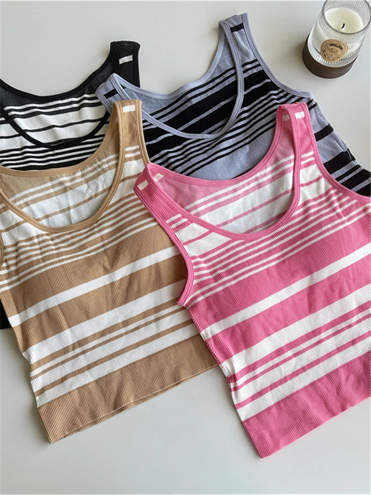 Colorfaith V9480ZS 2024 Sexy Striped Bottoming Bra Padding Elasticity Vests Women Spring Summer Tank & Camis Crop Short Tops