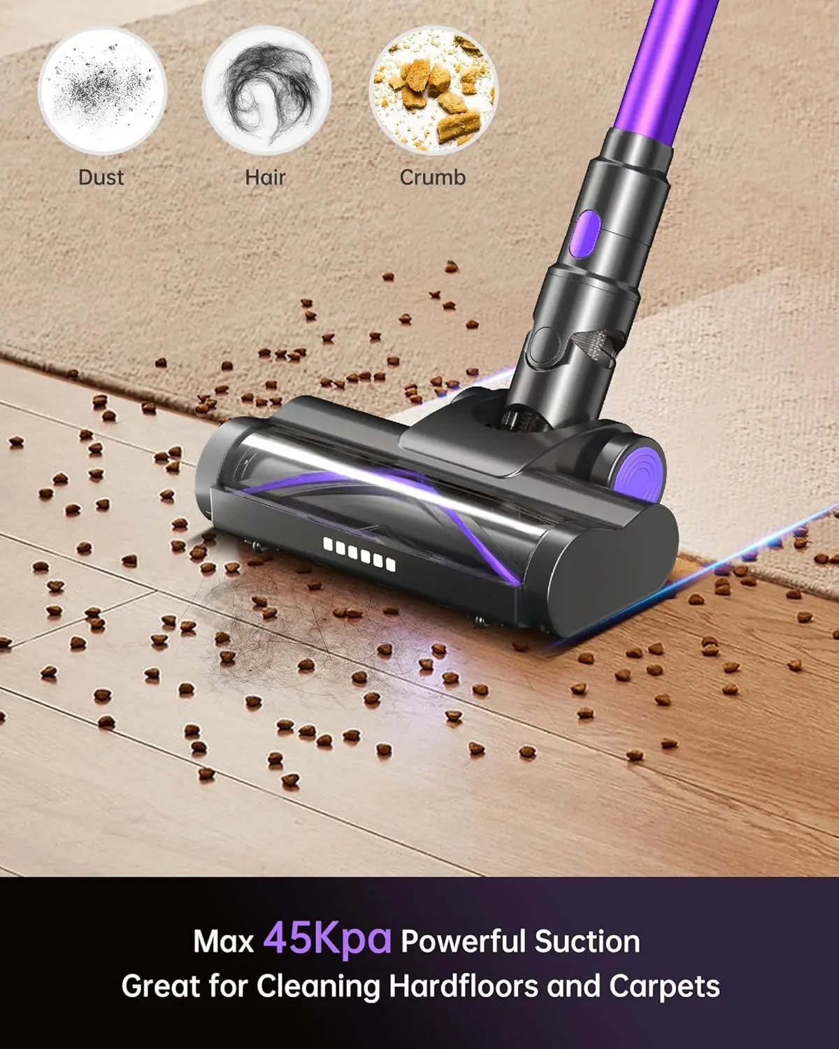Cordless Vacuum Cleaner with LED Display, 45kpa 550W Brushless Motor, Max 50 Mins Runtime with Detachable Battery