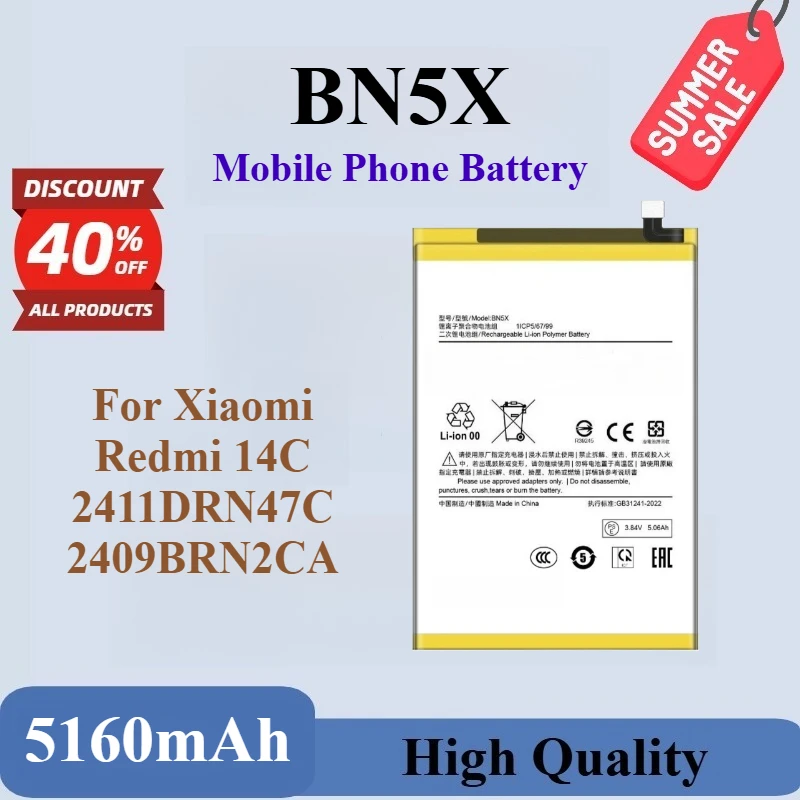 

High Quality Brand New BN5X Replacement Mobile Phone Battery 3.84V 5160mAh 19.82Wh for Xiaomi Redmi 14C Large Capacity Battery