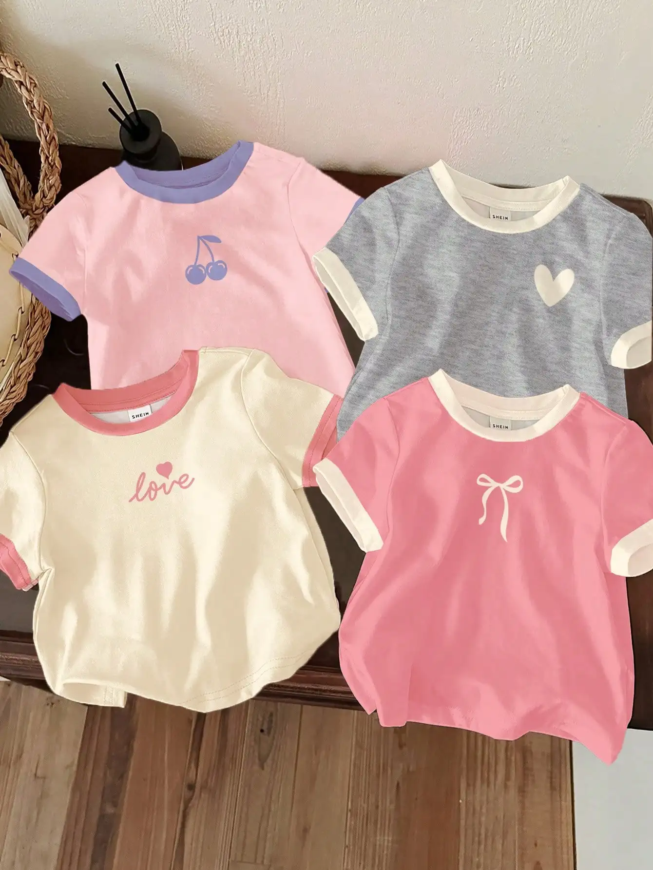 

4-Pack Kids Short Sleeve T-Shirts with Cherry, Heart, Bow Prints, Contrast Trim, Round Neck