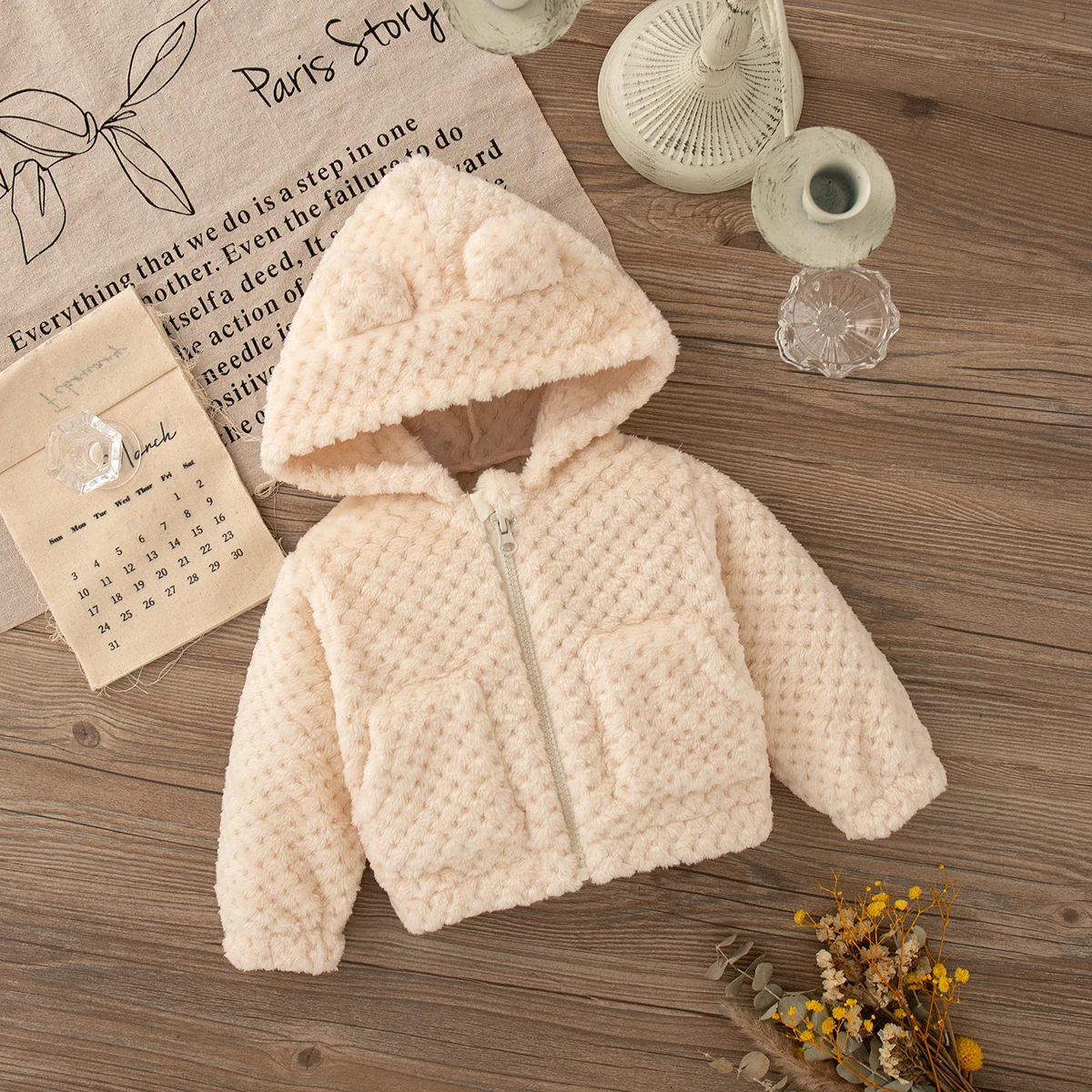 Girl Autumn Winter Keep Warm Clothes Lovely Zipper Hooded Long Sleeved Jacket Baby Girl Pink Plush Coat