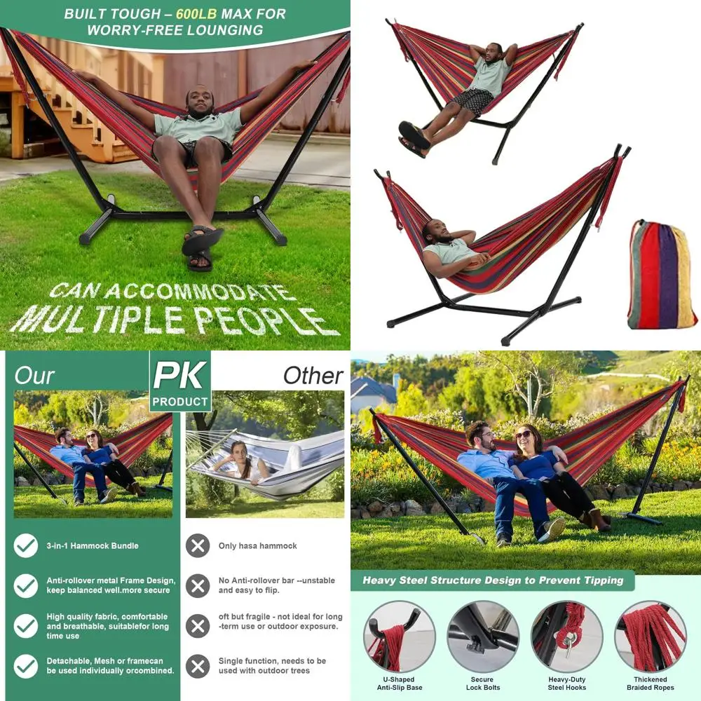 

Portable Outdoor Hammock Set with Stand, 600lbs Capacity, Adjustable Height, 3-in-1 for Camping, Backyard, Bedroom