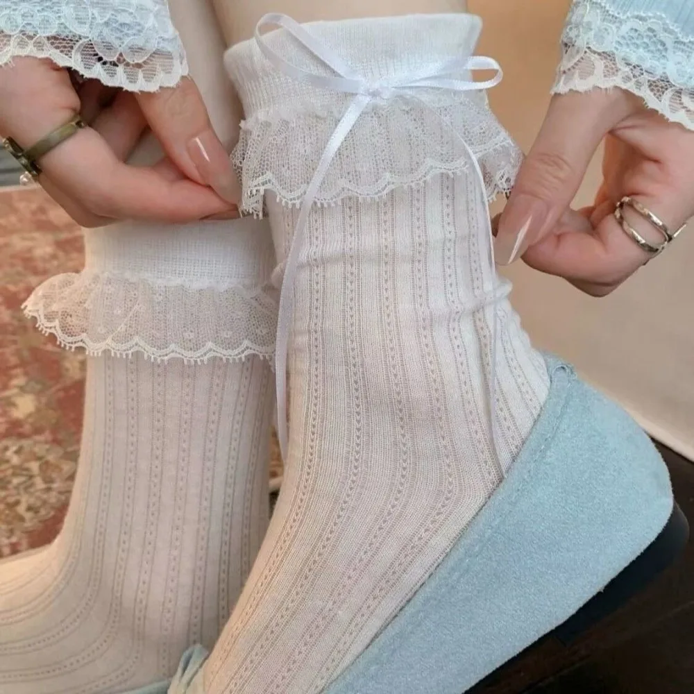 New Ribbon Bow Lace Ruffle Socks Lace Trim Thin Breathable Bow Ruffle Socks Ballet Style Socks Women