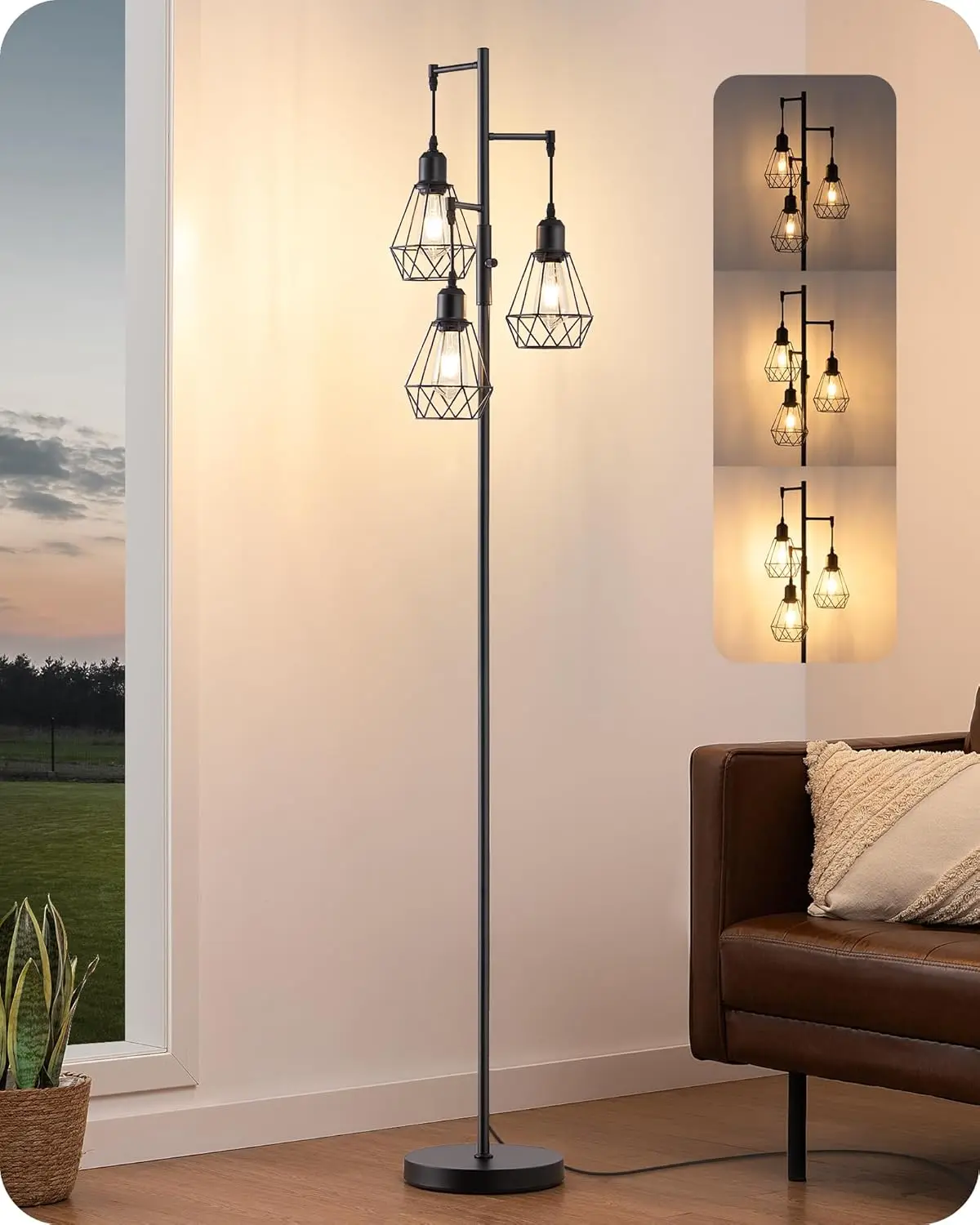 

70" Dimmable Industrial Floor Lamp with Diamond Cage, LED Bulbs Included for Living Room, Bedroom, Office