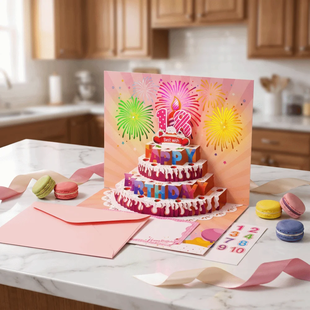 Pop Up 3D Music Light Birthday Cards Creative Foldable Happy Birthday Greeting Card Hollow Automatic Opening