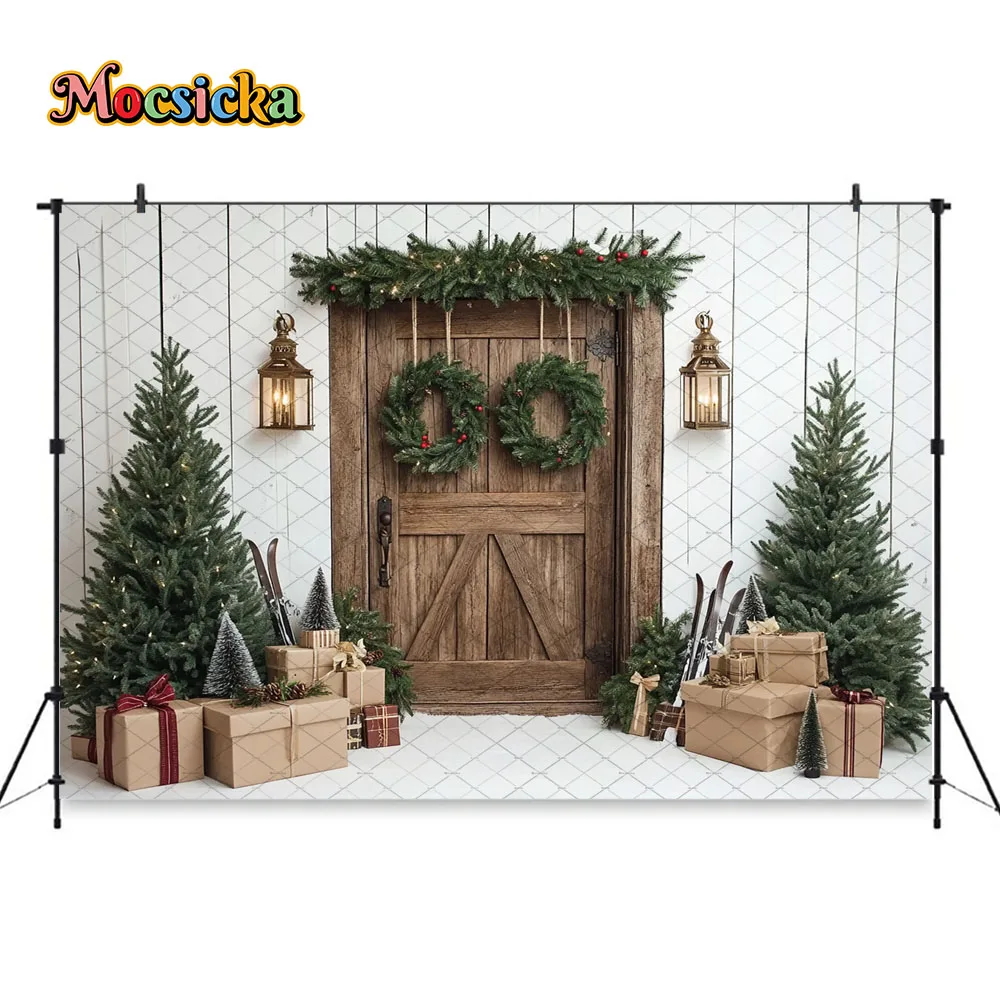 Mocsicka fundo de porta de natal de madeira, fotografia, trenó, presentes, árvore de natal, cenário de neve, inverno, criança, família, estúdio de fotos