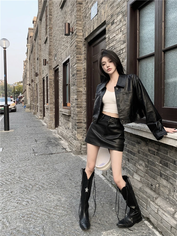 

Sexy High Waist PU Skirt Women's plus Size Spring Autumn ort Skirt Bodycon Skirt Korean Sle Commute Pure Color