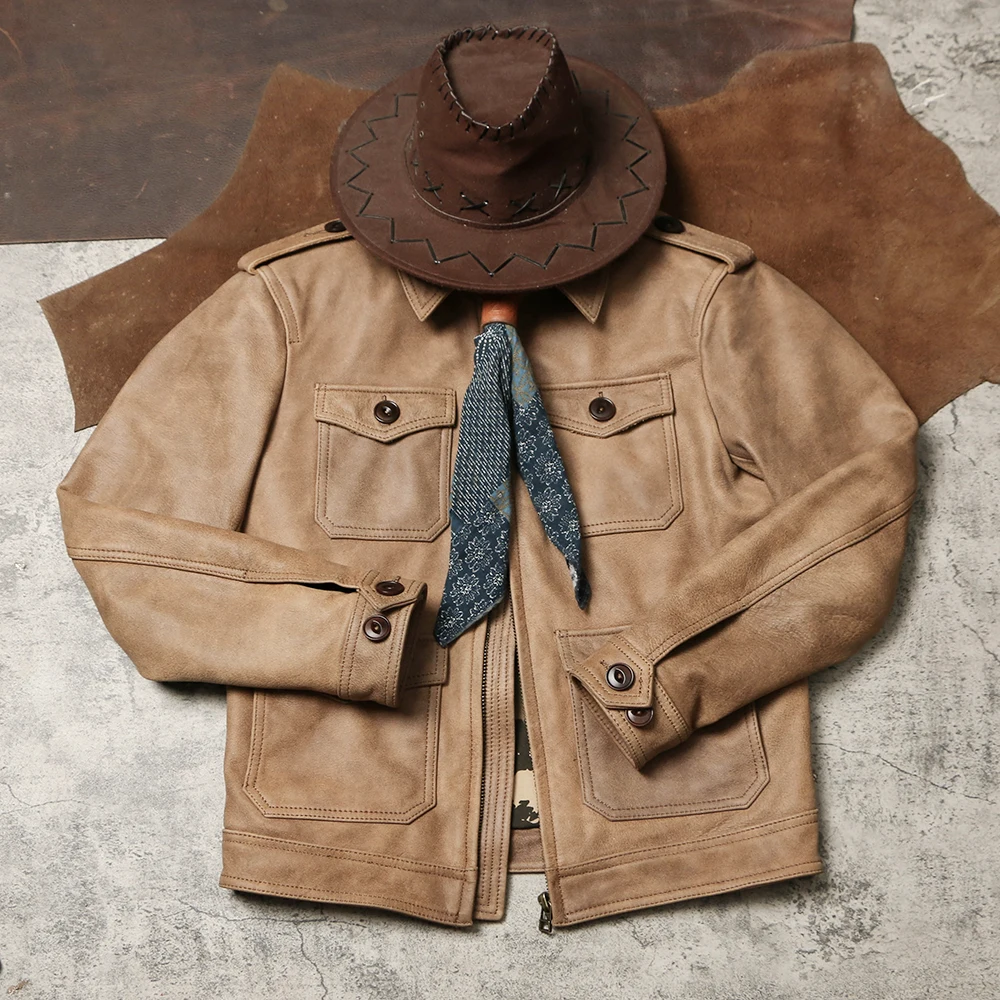 

Light Brown Autumn Leather Jacket Men Safari Style Plus Size 5XL Genuine Natural Cowhide Turn-Down Collar M65 Leather Coat