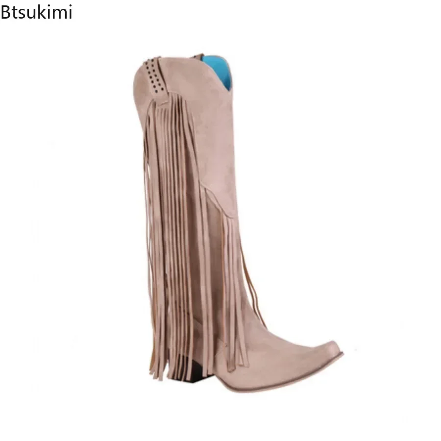 New Women's Large Size Boots Spring Autumn Women's Thick Heel Long Boots Pointed Toe Solid Color Boots Tassel Shoes for Women