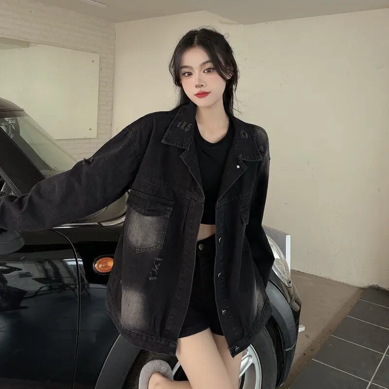 Women's Black Vintage Denim Spring/autumn Loose Fit Ripped Wash Street Style Casual Outerwear Unique Small Batch Design