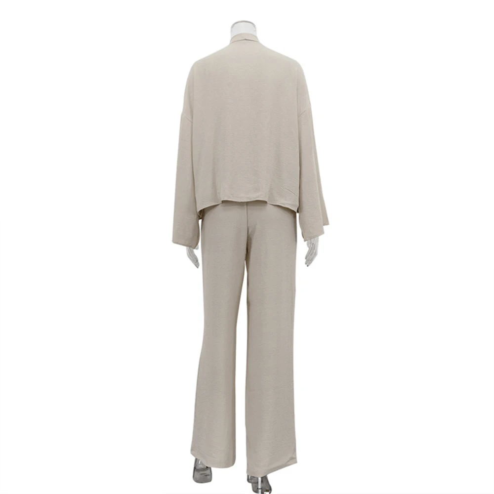 Talenza Autumn Pants Suit Women\'s Solid Long Sleeve Lace-Up V-Neck Shirt Loose Pants Suit Casual Sports Pants Suit 2-piece Set