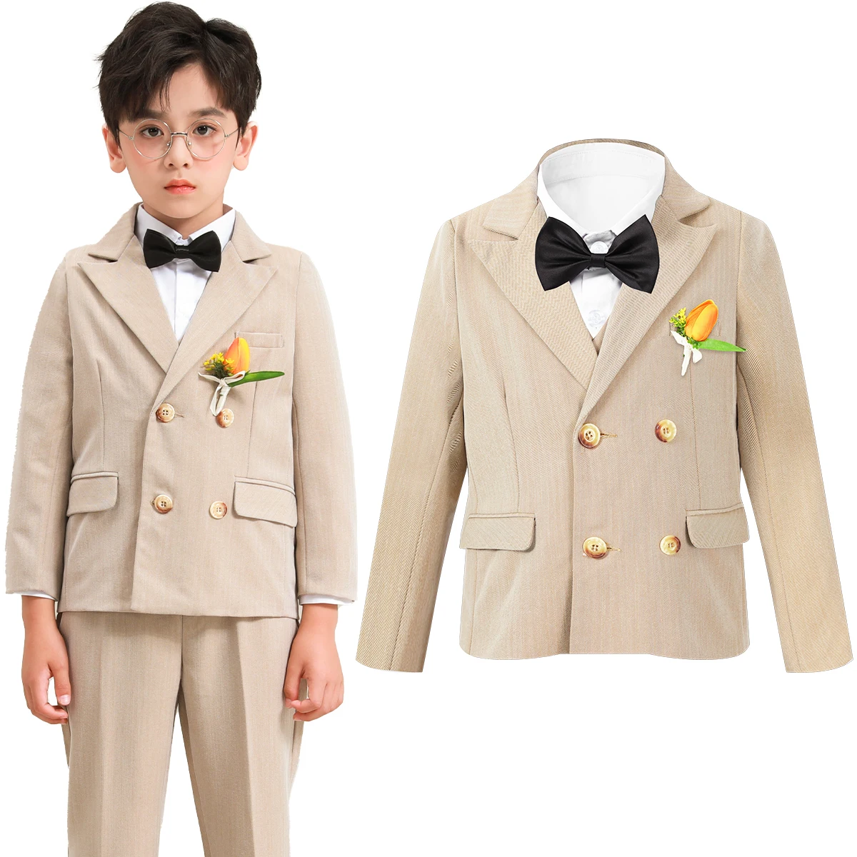 Boys Blazer Kids Wedding Jacket Toddler Birthday Party Gift Piano Performance Suit Children Church Formal Khaki Clothing Set