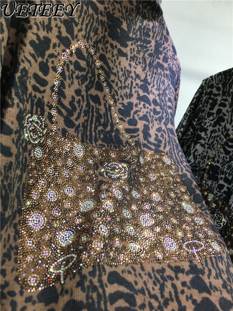 Outono inverno nova camisa de base de strass resistente para mulher meia gola alta leopardo impressão apertada manga longa camiseta