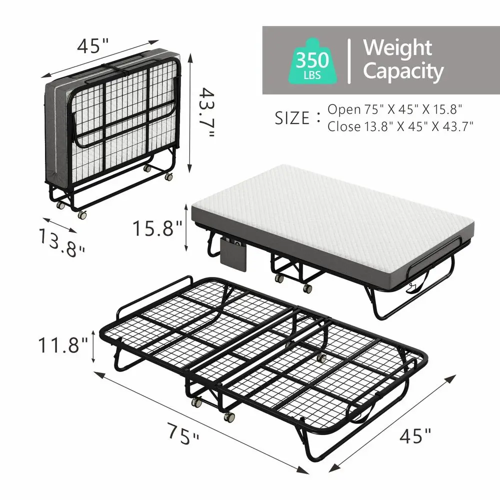 Bed with Mattress for Adults, 75 X 45 Foldable Guest Bed with Metal Frame, Rollaway Bed with Memory Foam Mattress, Portable wit
