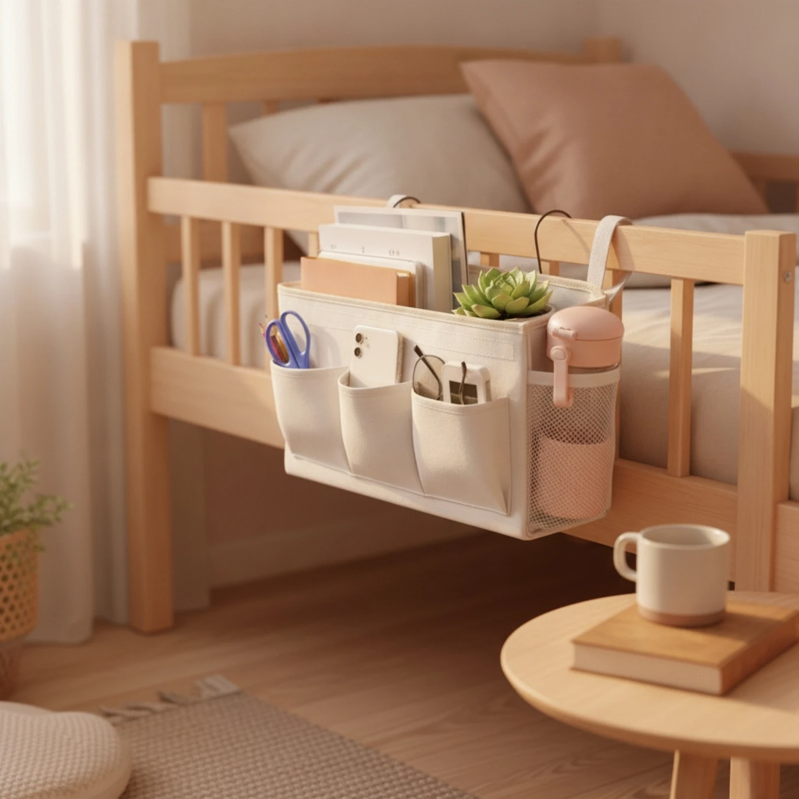 Bedside Holder with Hooks Structured Bedside Holder Crib Organizer Sturdy Hanging Storage Organizer with Mesh Pocket