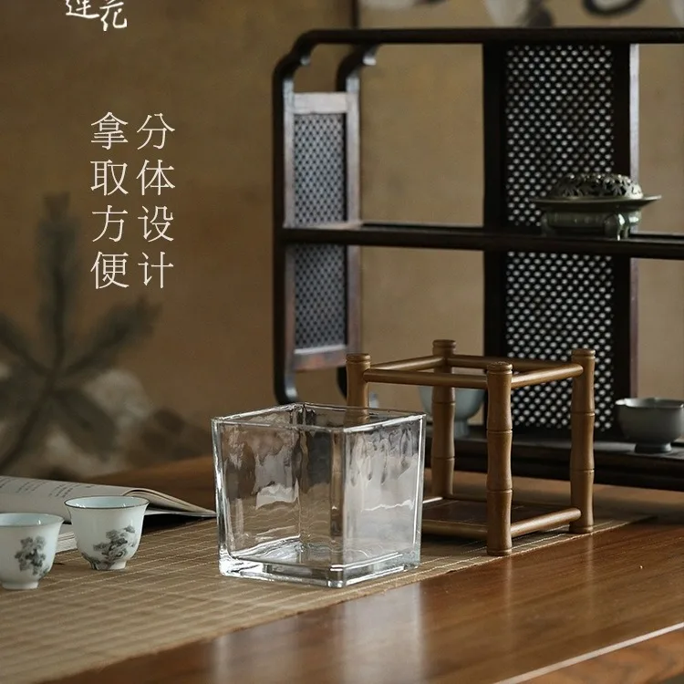 Rising step by step, handmade bamboo woven glass flower vase, Chinese flower stand, fish tank