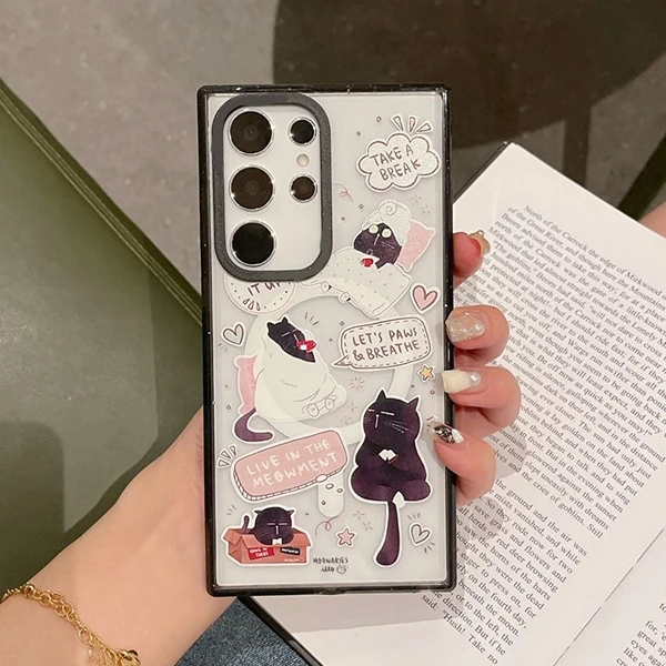 Black Cat MagSafe Acrylic Black Border Case for Samsung Galaxy S22 S23 S24 Ultra S23+ S24 Plus Protective Shell